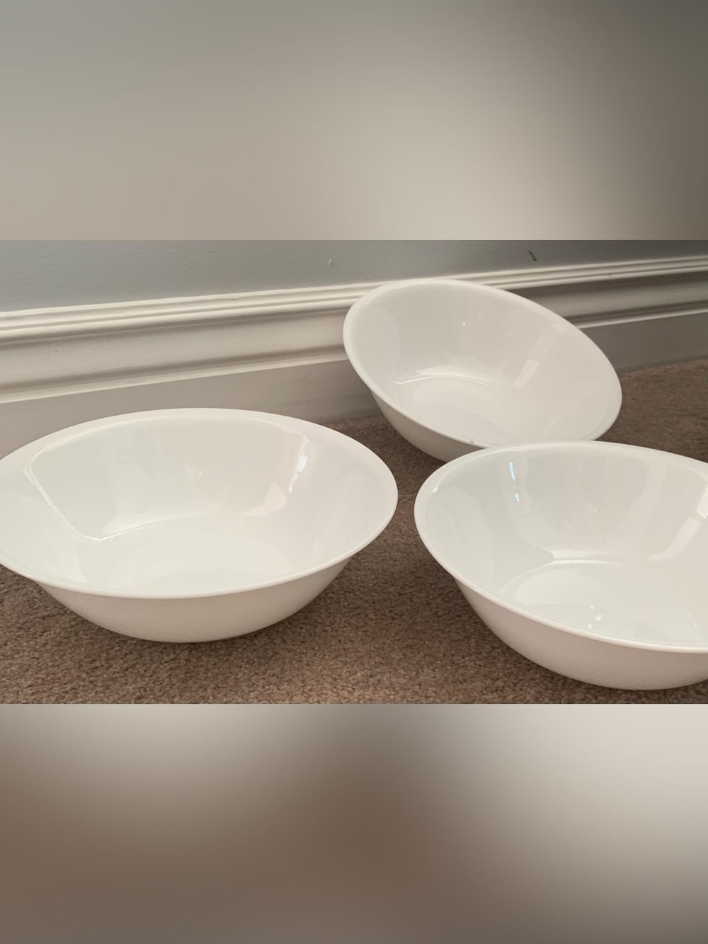 3 - 10 inch Corelle big large white bowls, 10” inches across and 3” inches deep